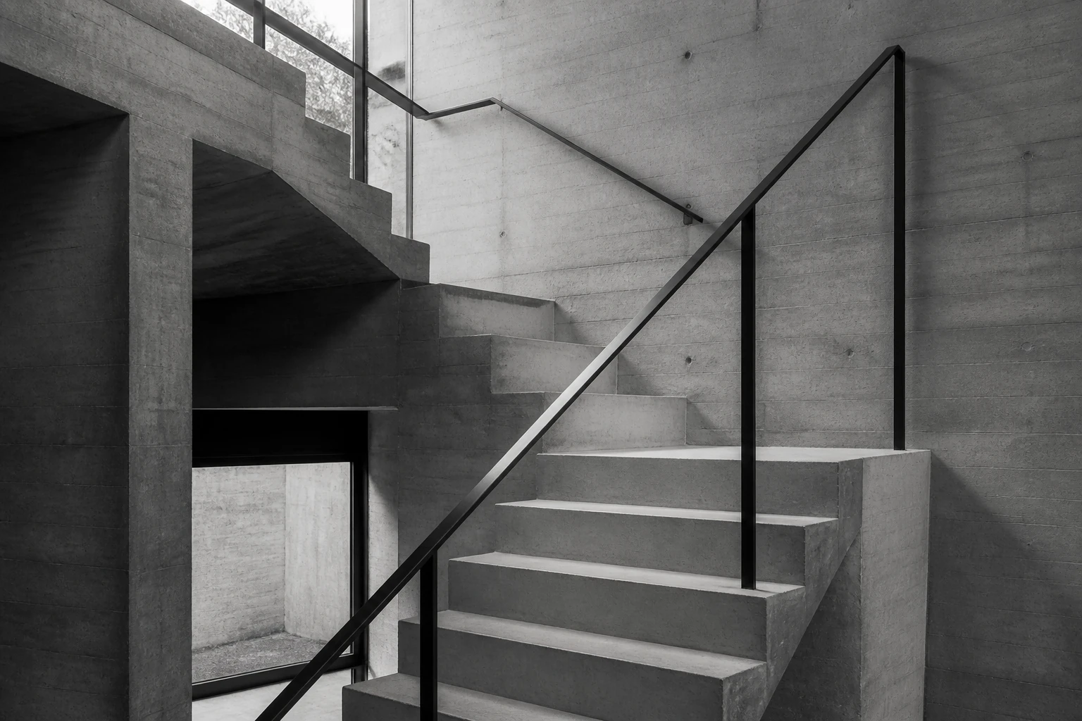 Geometric concrete staircase with slender black steel railings and natural daylight