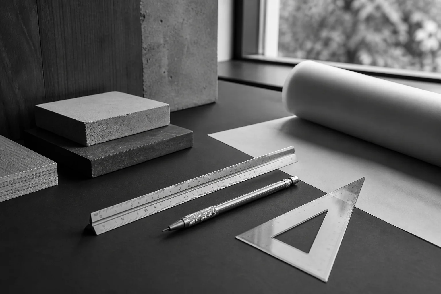 Metal drafting tools and material samples arranged on a dark studio work surface