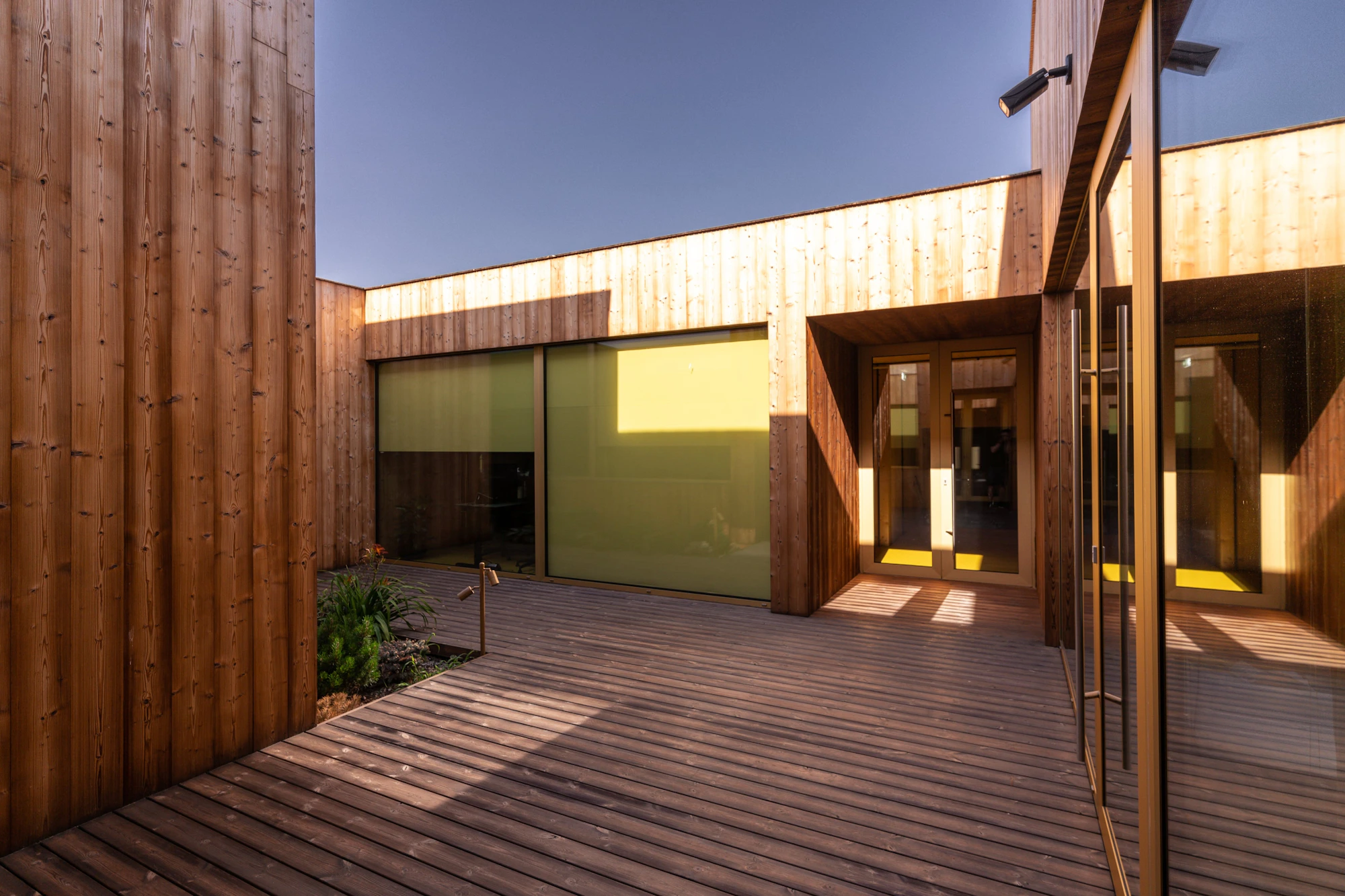 Sunlit timber courtyard with floor-to-ceiling glass and clean architectural lines